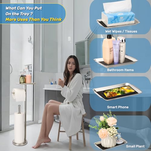 Exilon Toilet Paper Holder Stand for Bathroom Floor Freestanding Toilet Roll Dispenser Storages 4 Reserve Rolls, with Top Storage Shelf for Cell Phone (Brushed Nickel) - Image 5