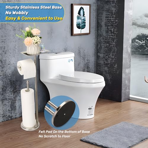 Exilon Toilet Paper Holder Stand for Bathroom Floor Freestanding Toilet Roll Dispenser Storages 4 Reserve Rolls, with Top Storage Shelf for Cell Phone (Brushed Nickel) - Image 3