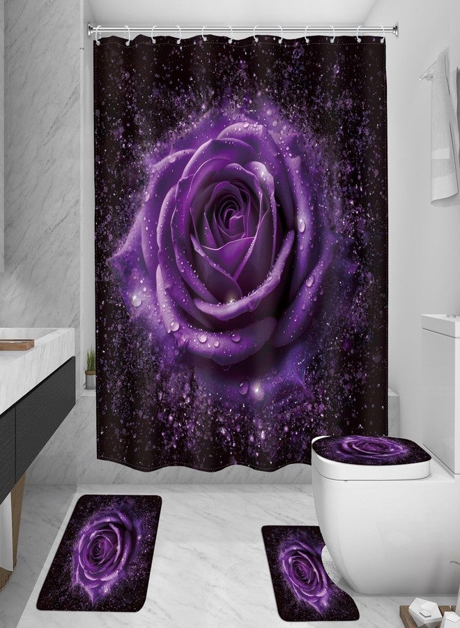 MESHELLY Purple Rose 4Pcs Shower Curtain Sets Blooming Flowers Floral Romantic Modern Women Bathroom Set with Rug, Toilet Lid Cover, Bath Mat, Fashion Bathroom Curtain with 12 Hooks - Image 4