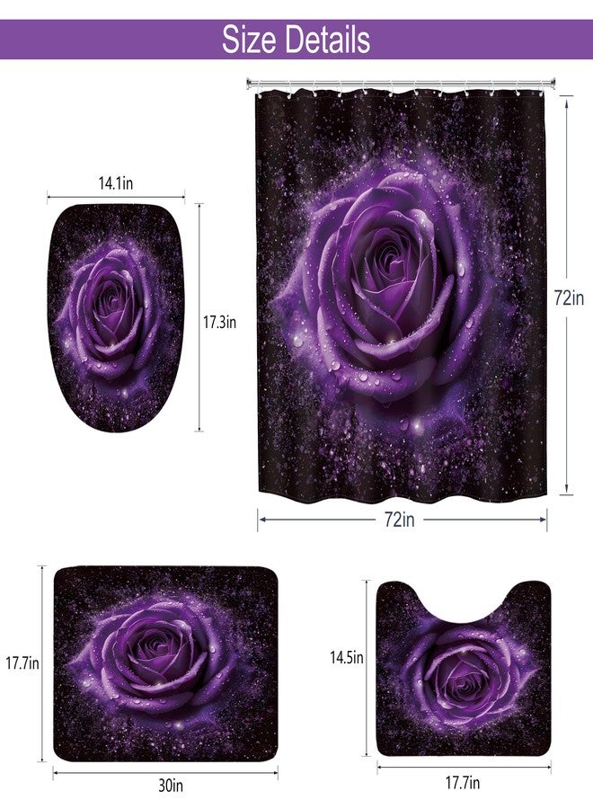 MESHELLY Purple Rose 4Pcs Shower Curtain Sets Blooming Flowers Floral Romantic Modern Women Bathroom Set with Rug, Toilet Lid Cover, Bath Mat, Fashion Bathroom Curtain with 12 Hooks - Image 3