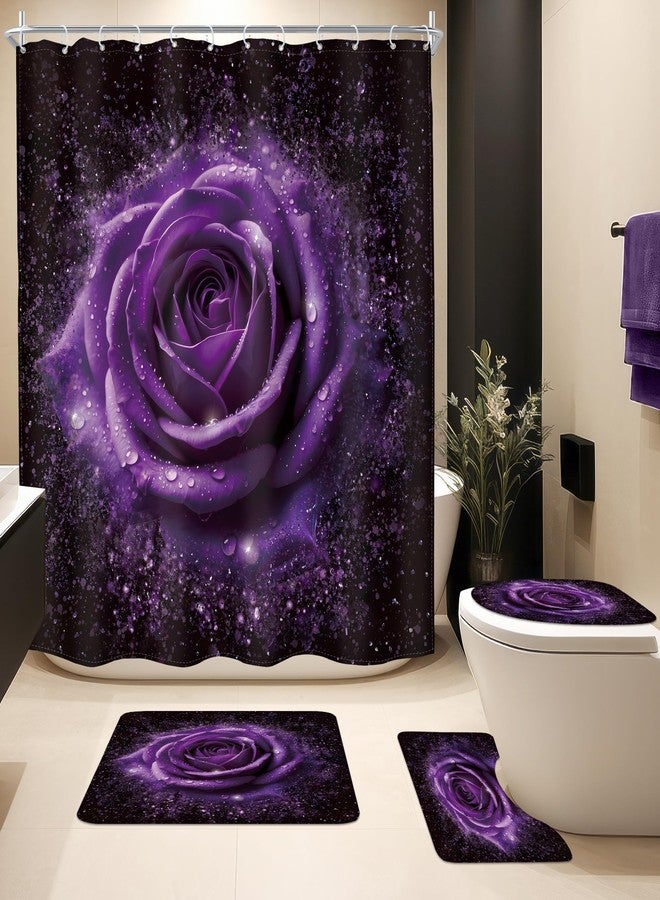 MESHELLY Purple Rose 4Pcs Shower Curtain Sets Blooming Flowers Floral Romantic Modern Women Bathroom Set with Rug, Toilet Lid Cover, Bath Mat, Fashion Bathroom Curtain with 12 Hooks - Image 1
