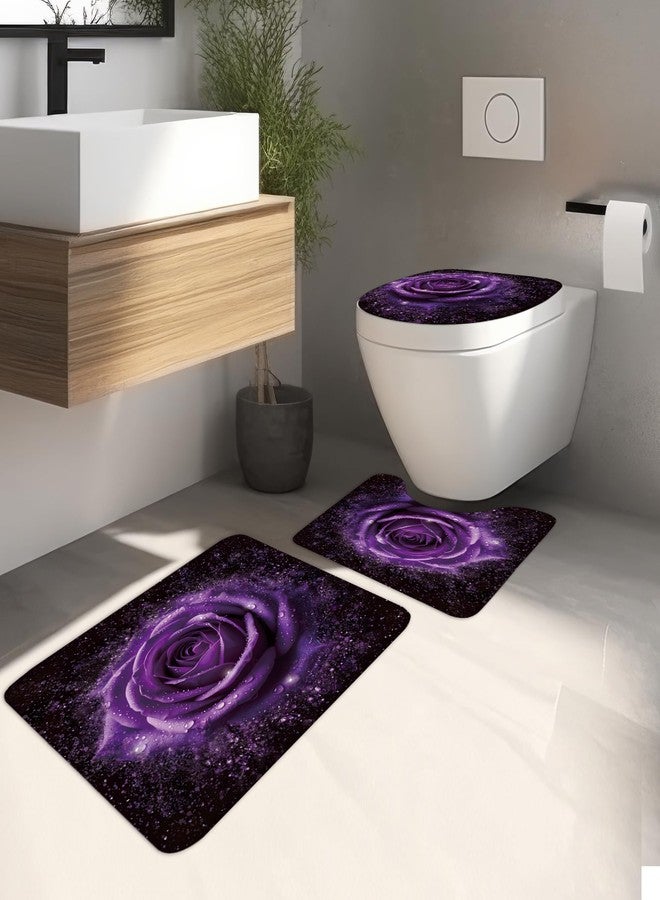 MESHELLY Purple Rose 4Pcs Shower Curtain Sets Blooming Flowers Floral Romantic Modern Women Bathroom Set with Rug, Toilet Lid Cover, Bath Mat, Fashion Bathroom Curtain with 12 Hooks - Image 2