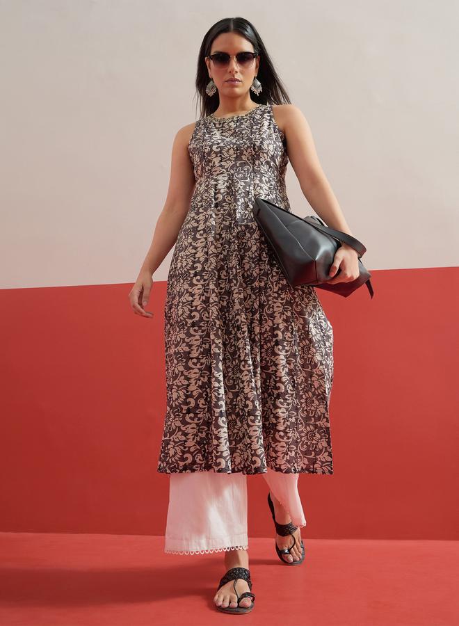 SASSAFRAS Dark Grey Floral Embroidered Sleeveless Kurta - Image 2