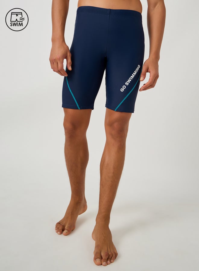 Styli Text Print Skinny Fit Swim Tights with Piping - Image 1