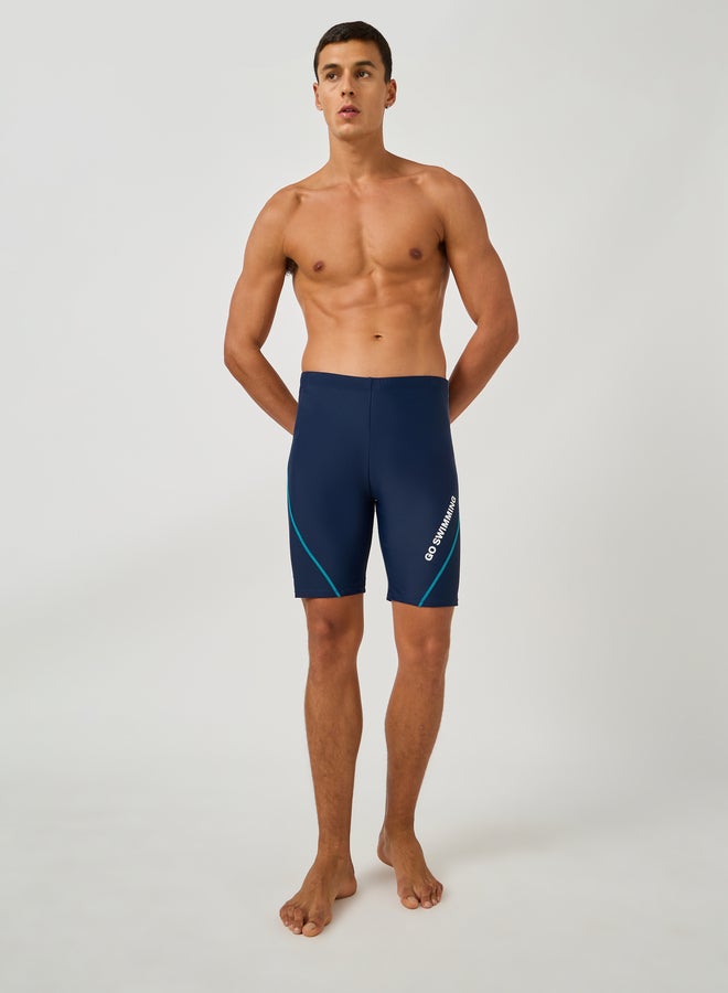Styli Text Print Skinny Fit Swim Tights with Piping - Image 2