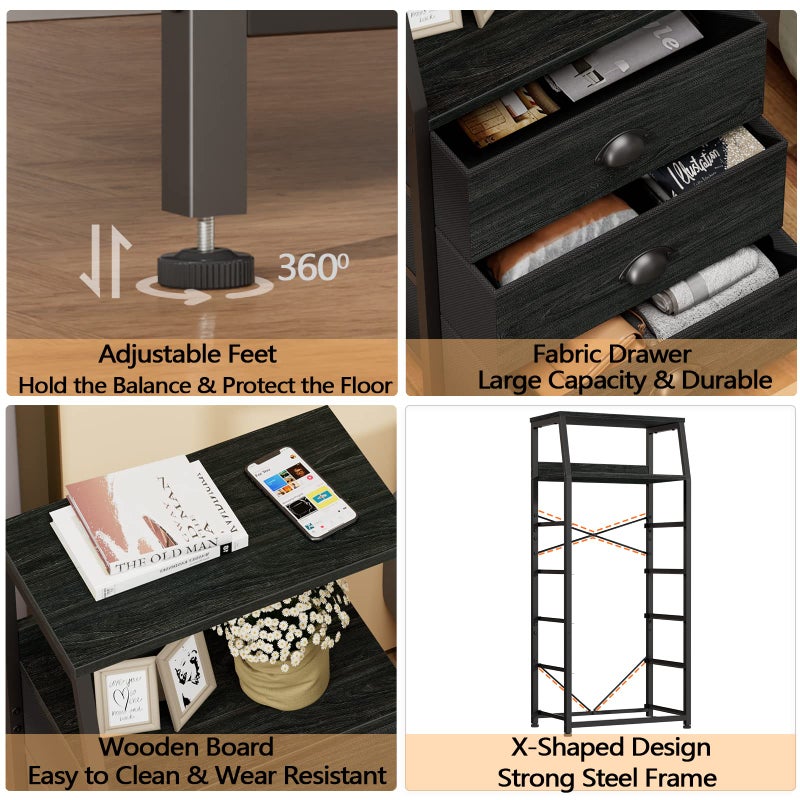 Furnulem Black Dresser with 5 Drawers, Vertical Storage Tower Fabric Dresser for Bedroom, Hallway, Entryway, Nursery, Closet Organizer, Nightstand Bedside Table Furniture, Sturdy Steel Frame, Wood Top - Image 4