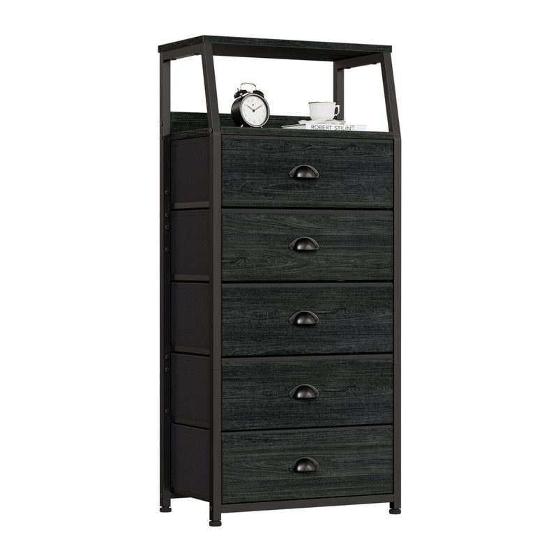 Furnulem Black Dresser with 5 Drawers, Vertical Storage Tower Fabric Dresser for Bedroom, Hallway, Entryway, Nursery, Closet Organizer, Nightstand Bedside Table Furniture, Sturdy Steel Frame, Wood Top - Image 1