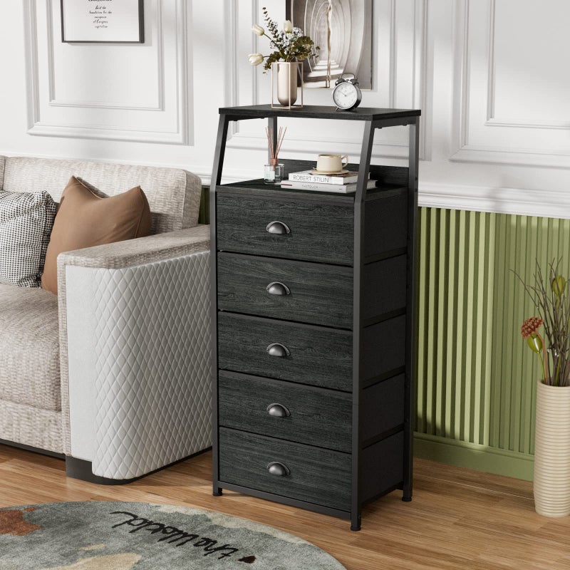 Furnulem Black Dresser with 5 Drawers, Vertical Storage Tower Fabric Dresser for Bedroom, Hallway, Entryway, Nursery, Closet Organizer, Nightstand Bedside Table Furniture, Sturdy Steel Frame, Wood Top - Image 2