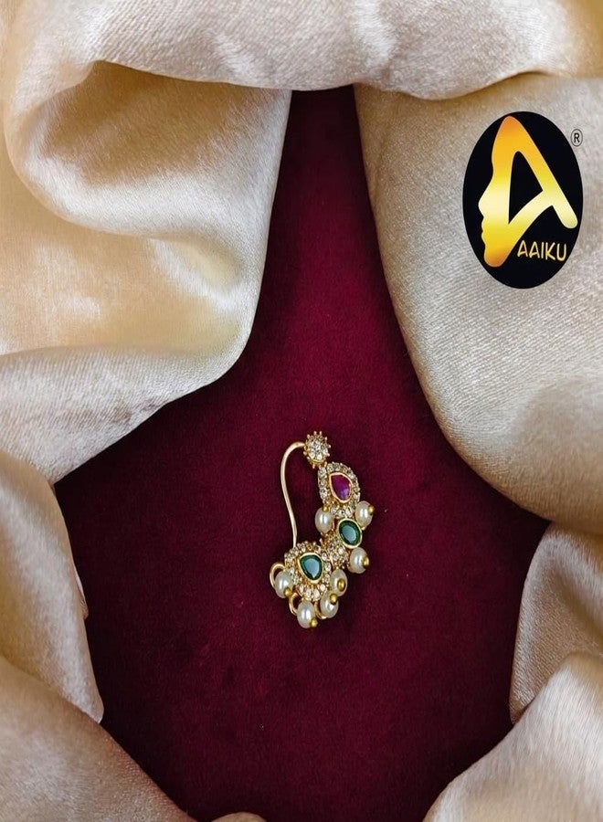 AAIKU Traditional Copper Gold-Plated Pressing Nath for Women & Girls | Ruby Stone & Pearl Studded Maharashtrian Nose Pin | AD Diamond Look Nathani | Bridal Ethnic Jewellery for Non-Pierced Nose (Design2) - Image 3