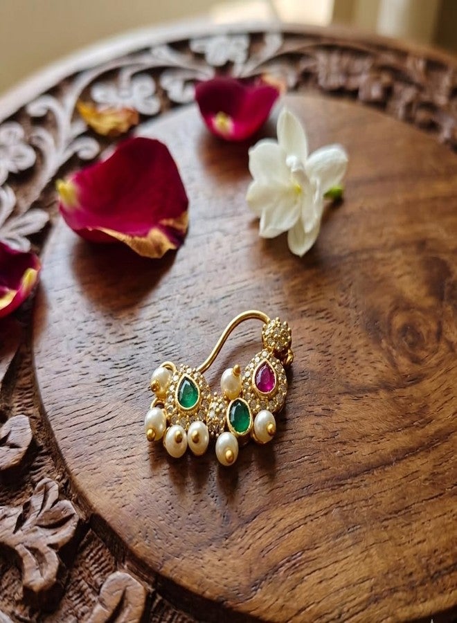 AAIKU Traditional Copper Gold-Plated Pressing Nath for Women & Girls | Ruby Stone & Pearl Studded Maharashtrian Nose Pin | AD Diamond Look Nathani | Bridal Ethnic Jewellery for Non-Pierced Nose (Design2) - Image 2