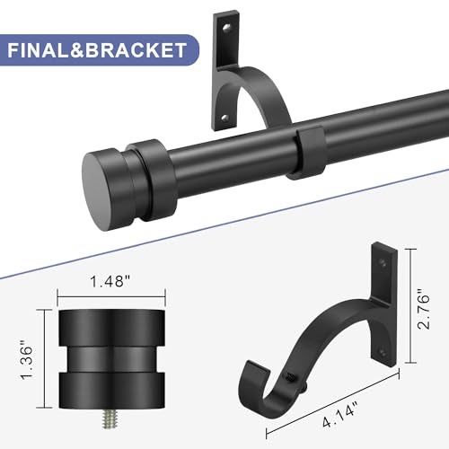 Joodxoe 12-20 inch Short Adjustable Matte Black Curtain Rods,1 inch Diameter Heavy Duty Side Curtain Rod Set with Aluminum Finals for Windows, Door, Drapery - Image 2