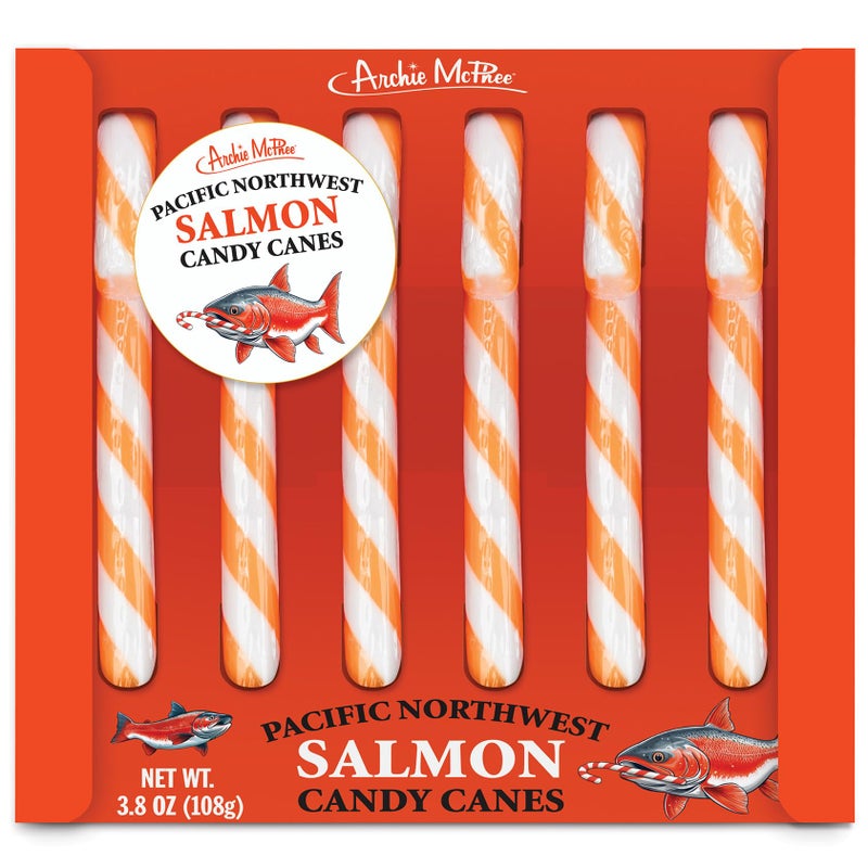 Archie McPhee Pacific Northwest Salmon Candy Canes - Set of 6 Pink and White Striped Novelty Candy Canes, Funny Gag Gift, 5.25 Inch - Image 3
