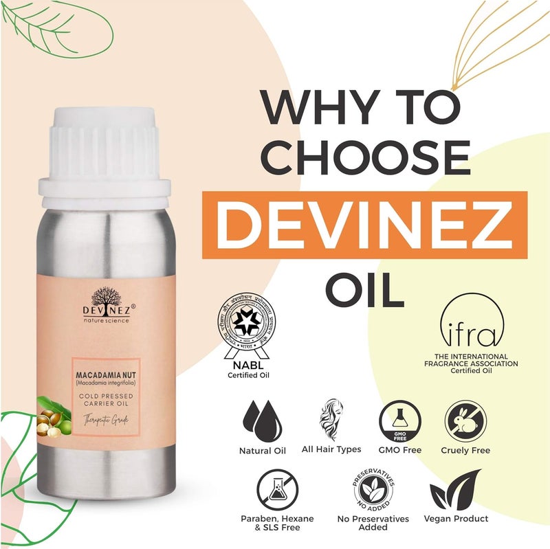 Devinez Macadamia Nut ColdPressed Oil 100ml NABL IFRA Certified 100 Pure Natural Undiluted in Anodized Aluminum Bottle Oleic Acid Omega 9 for Healthy Hair prevent wrinkles age spots and other signs of aging - Image 2