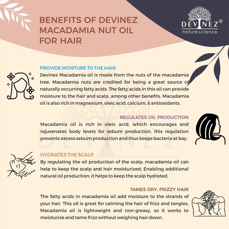Devinez Macadamia Nut ColdPressed Oil 100ml NABL IFRA Certified 100 Pure Natural Undiluted in Anodized Aluminum Bottle Oleic Acid Omega 9 for Healthy Hair prevent wrinkles age spots and other signs of aging - Image 4