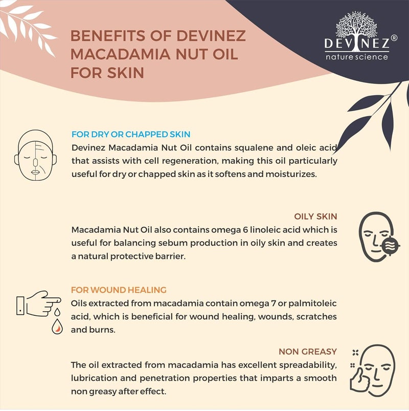 Devinez Macadamia Nut ColdPressed Oil 100ml NABL IFRA Certified 100 Pure Natural Undiluted in Anodized Aluminum Bottle Oleic Acid Omega 9 for Healthy Hair prevent wrinkles age spots and other signs of aging - Image 5