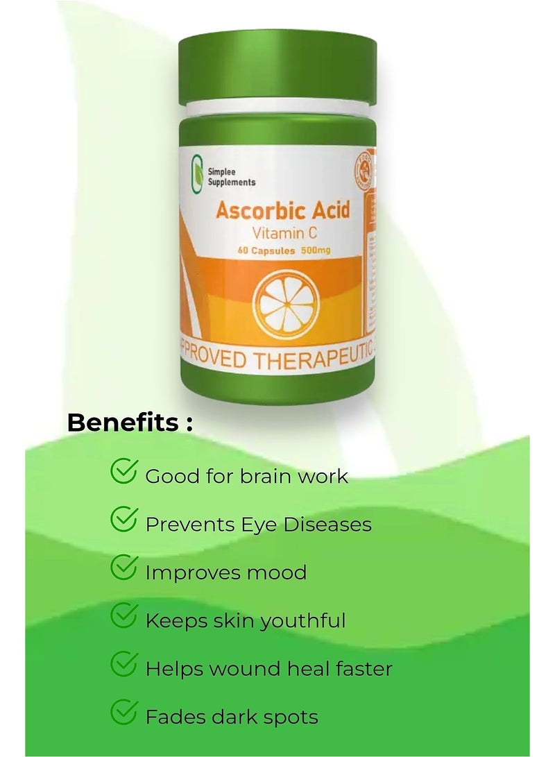Simplee Supplements Ascorbic Acid Vitamin C Supplement 500mg - 60 Capsules for Immune & Skin Health - Image 3