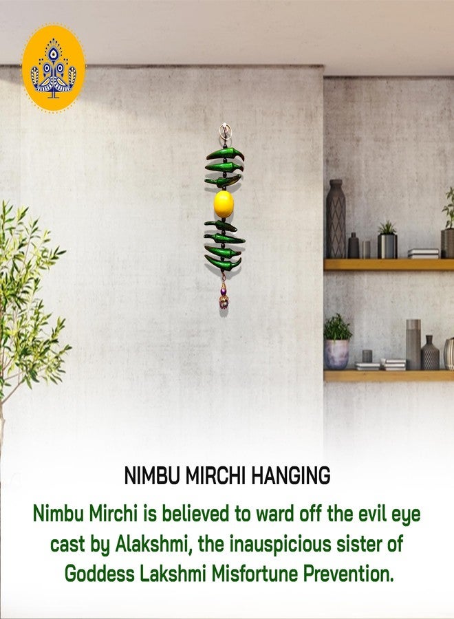 Tarang Arts زينة جدارية معدنية من Tarang Arts Nimbu Mirchi، تحية عين الحسد، تميمة للحماية من الطاقة السلبية، للمنازل والأبواب والمركبات والمكاتب (10 × 3 بوصة، أخضر) - Image 4