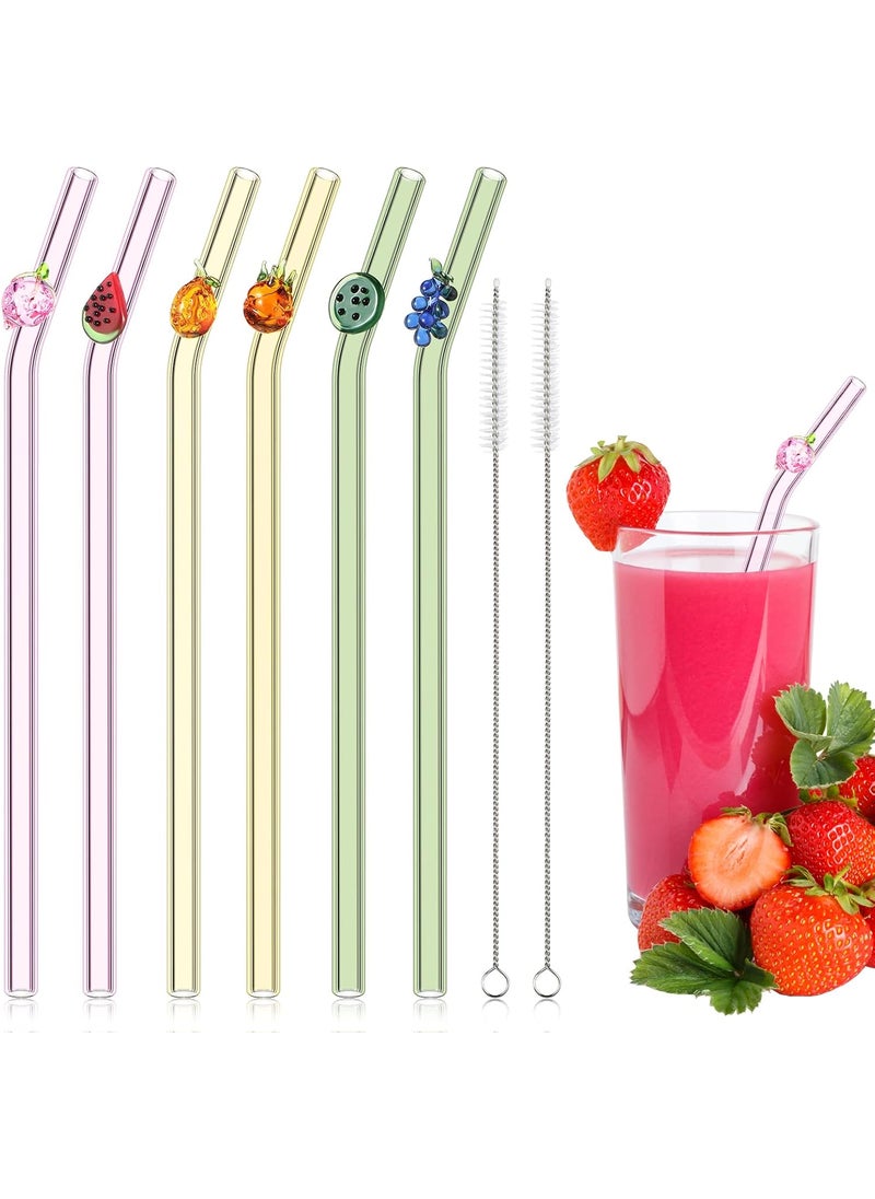 Queekay 6 Pcs Glass Straws with Design Reusable Cute Fruit Drinking Straws 79in x 8mm Colorful Party Favors Decorations with 2 Cleaning Brushes for Summer Beach BirthdayBent  - Image 1
