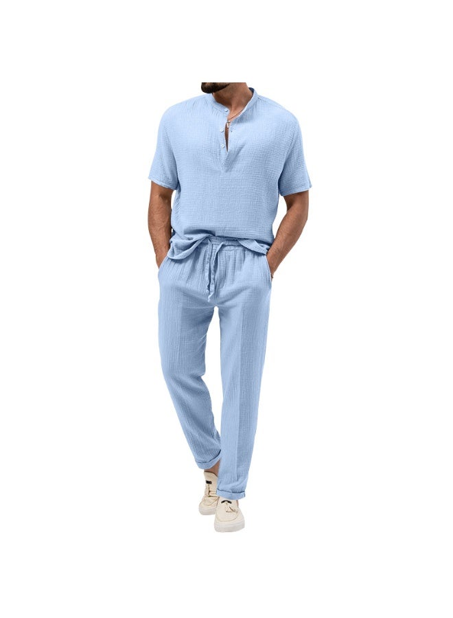Men's Casual Pure Color T-Shirt Short Sleeve Shirt Pants Set Thin Summer - Image 1