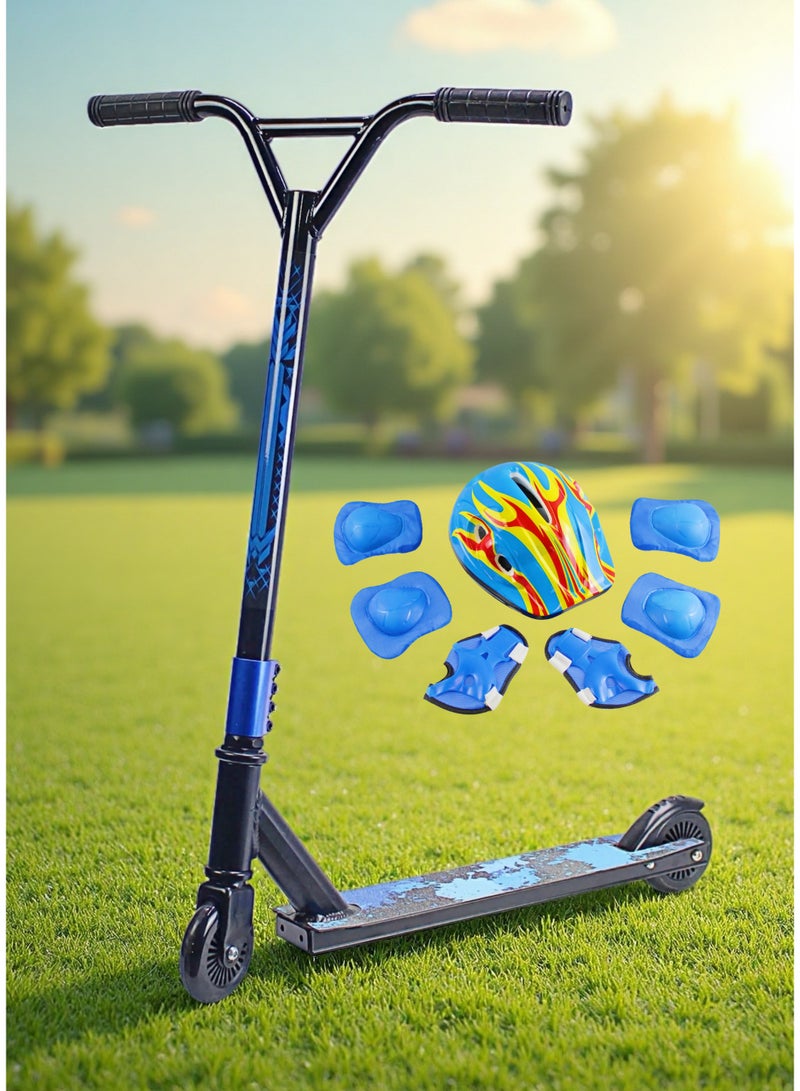 EASY FUTURE Grip Tape Aluminium Deck Pro Stunt Scooter – 2 Wheels, 110 mm Aluminium Wheels, Wide T-Bar Handlebars, Steel Brake, Lightweight 360° Trick Scooter for Beginners & Intermediates Including Full Protective Gear Set - Image 1