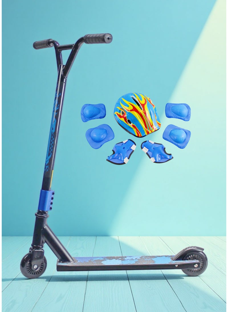 EASY FUTURE Grip Tape Aluminium Deck Pro Stunt Scooter – 2 Wheels, 110 mm Aluminium Wheels, Wide T-Bar Handlebars, Steel Brake, Lightweight 360° Trick Scooter for Beginners & Intermediates Including Full Protective Gear Set - Image 4