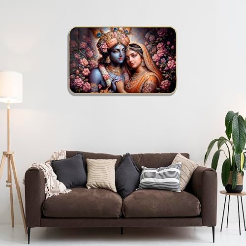 Masstone Radha Krishna Crystal Embedded High Gloss Wall Painting, Golden Slim Frame, 45x30 Cm Wall Art for Living Room, Bedroom, Office & Home Décor (HG07) - Image 2