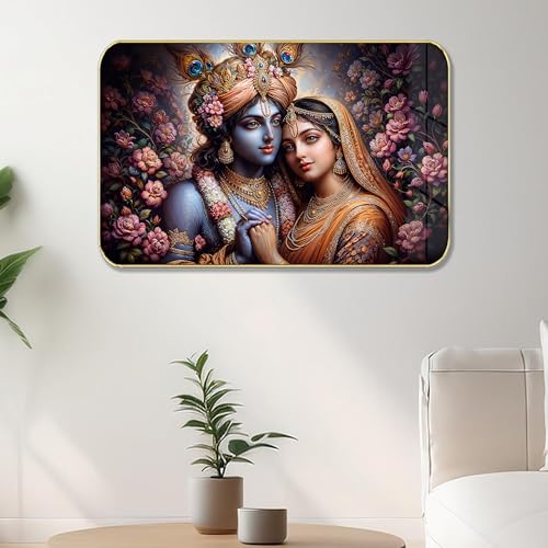Masstone Radha Krishna Crystal Embedded High Gloss Wall Painting, Golden Slim Frame, 45x30 Cm Wall Art for Living Room, Bedroom, Office & Home Décor (HG07) - Image 1