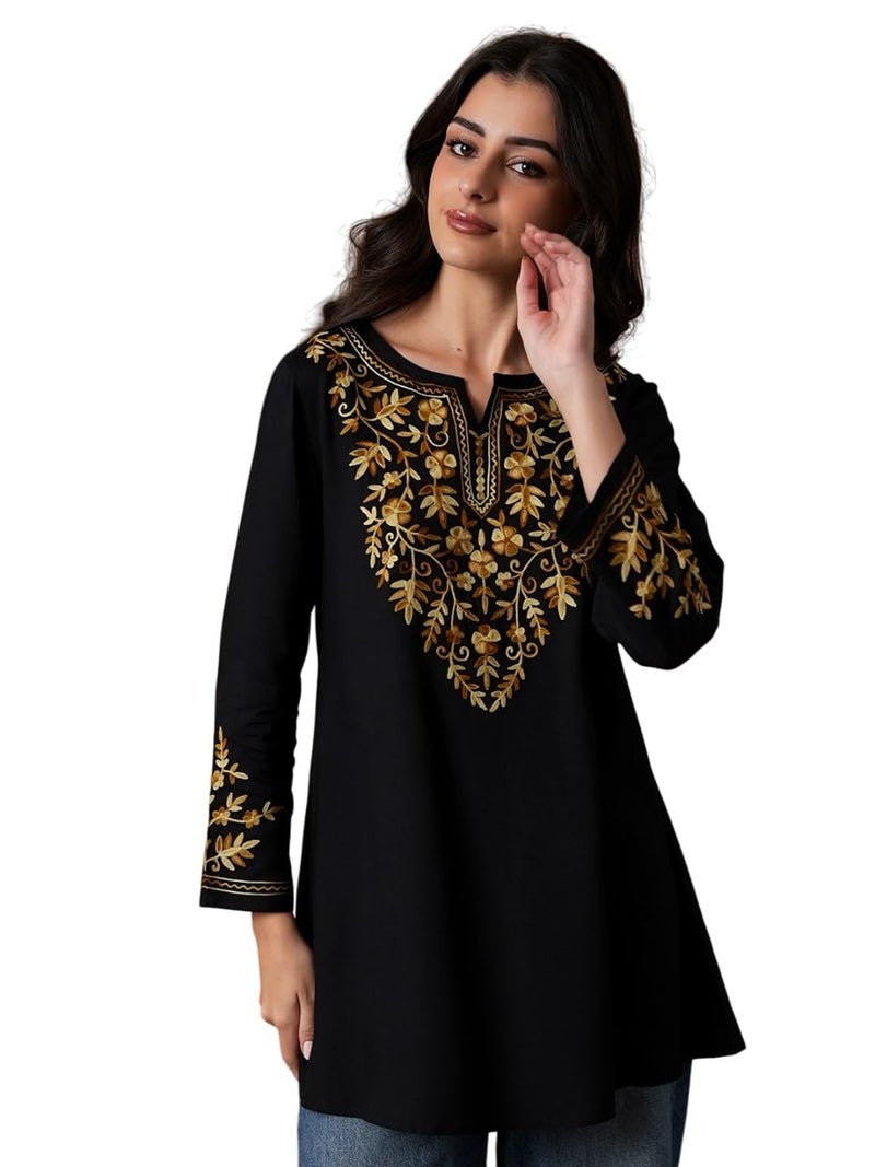 QAZMI Women's Kashmiri A-Line Full Sleeves Viscose Rayon Black Flared Short Kurti_L - Image 1