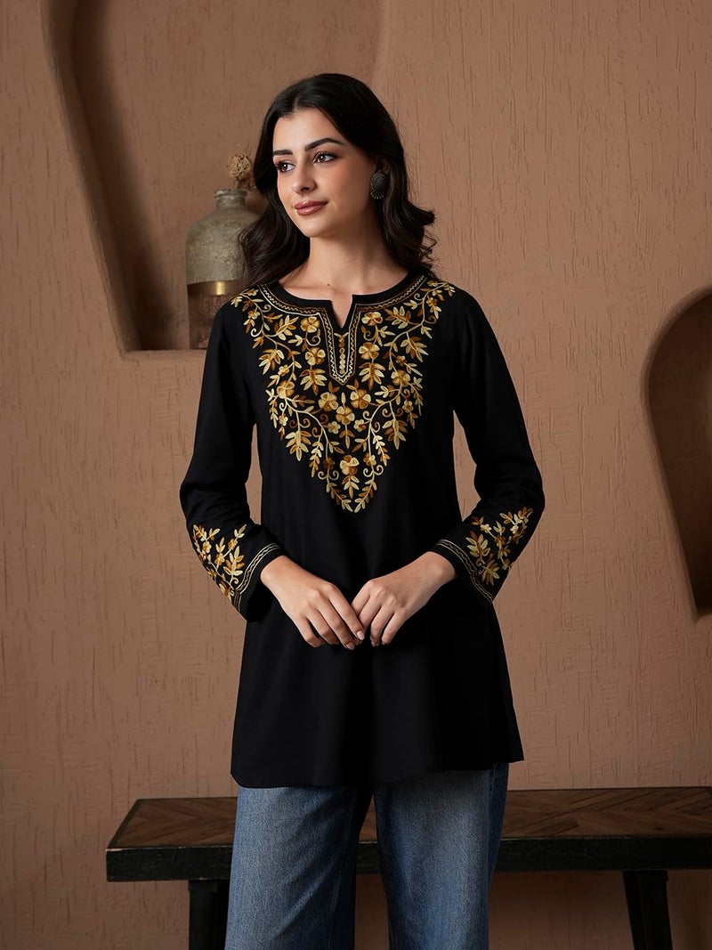 QAZMI Women's Kashmiri A-Line Full Sleeves Viscose Rayon Black Flared Short Kurti_L - Image 5