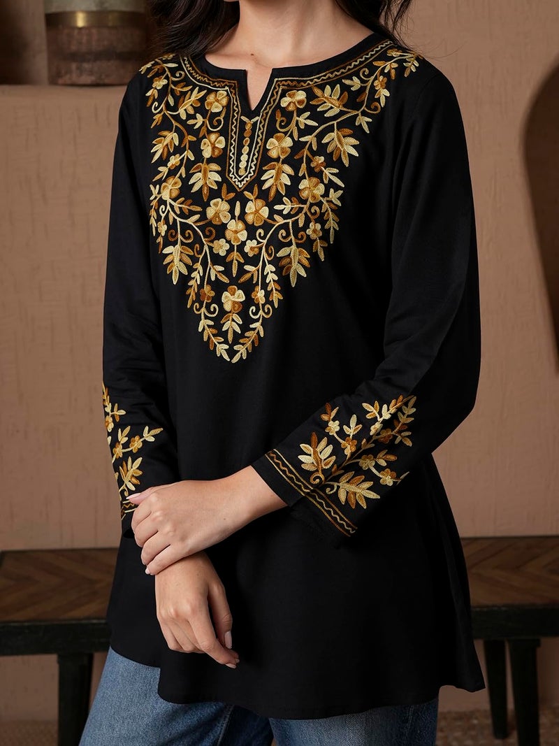QAZMI Women's Kashmiri A-Line Full Sleeves Viscose Rayon Black Flared Short Kurti_L - Image 3