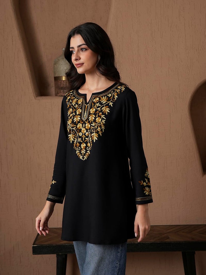 QAZMI Women's Kashmiri A-Line Full Sleeves Viscose Rayon Black Flared Short Kurti_L - Image 2