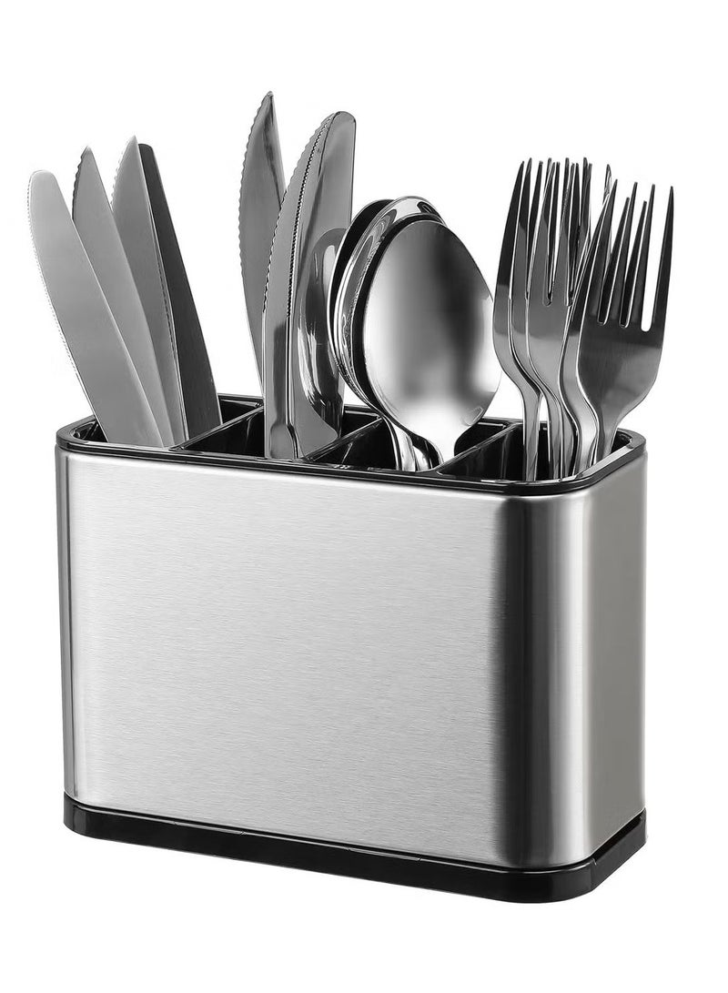 هياس حامل أدوات كبير من الفولاذ المقاوم للصدأ بأربع حجرات | رف مطبخ مقاوم للصدأ بأرجل مانعة للانزلاق وفتحات تصريف | منظم أدوات مائدة للملاعق | شوك وسكاكين | عيدان تناول الطعام | حامل تخزين على سطح الطاولة - Image 1