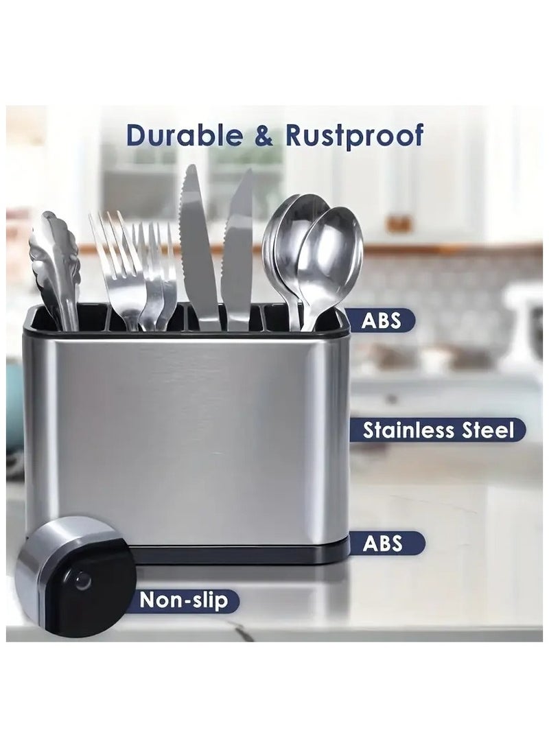 هياس حامل أدوات كبير من الفولاذ المقاوم للصدأ بأربع حجرات | رف مطبخ مقاوم للصدأ بأرجل مانعة للانزلاق وفتحات تصريف | منظم أدوات مائدة للملاعق | شوك وسكاكين | عيدان تناول الطعام | حامل تخزين على سطح الطاولة - Image 2