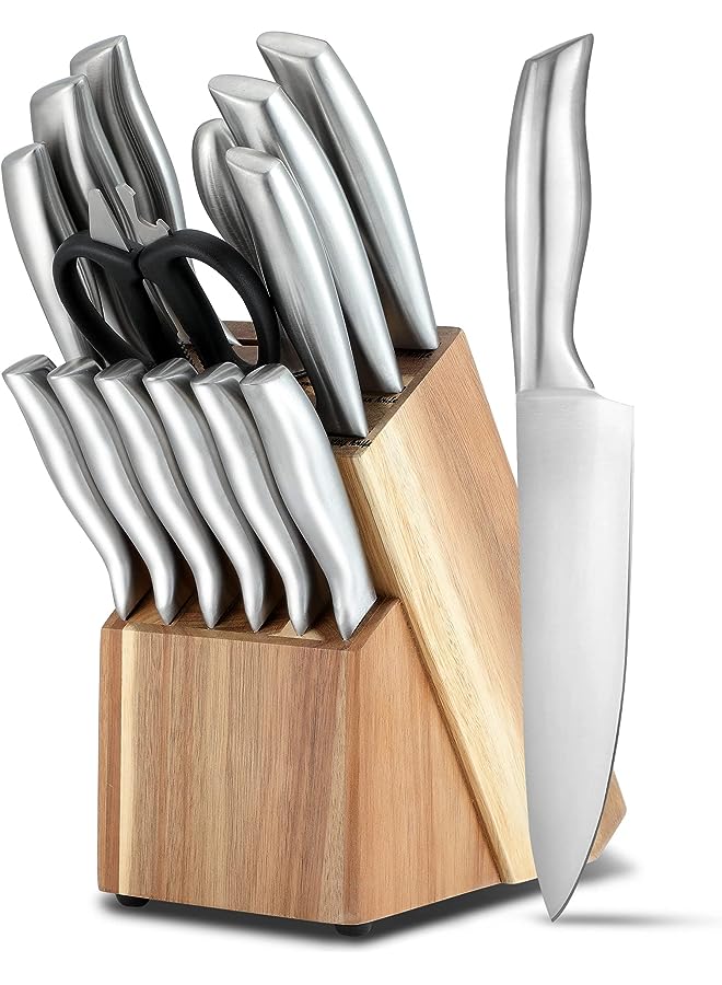 PROMASS 15-Piece Premium Kitchen Knife Set With Wooden Block, High Carbon Stainless Steel Knife Set, One-piece Dishwasher Safe Kitchen Knives Set, Self-sharpening, Ergonomic Handle - Image 1