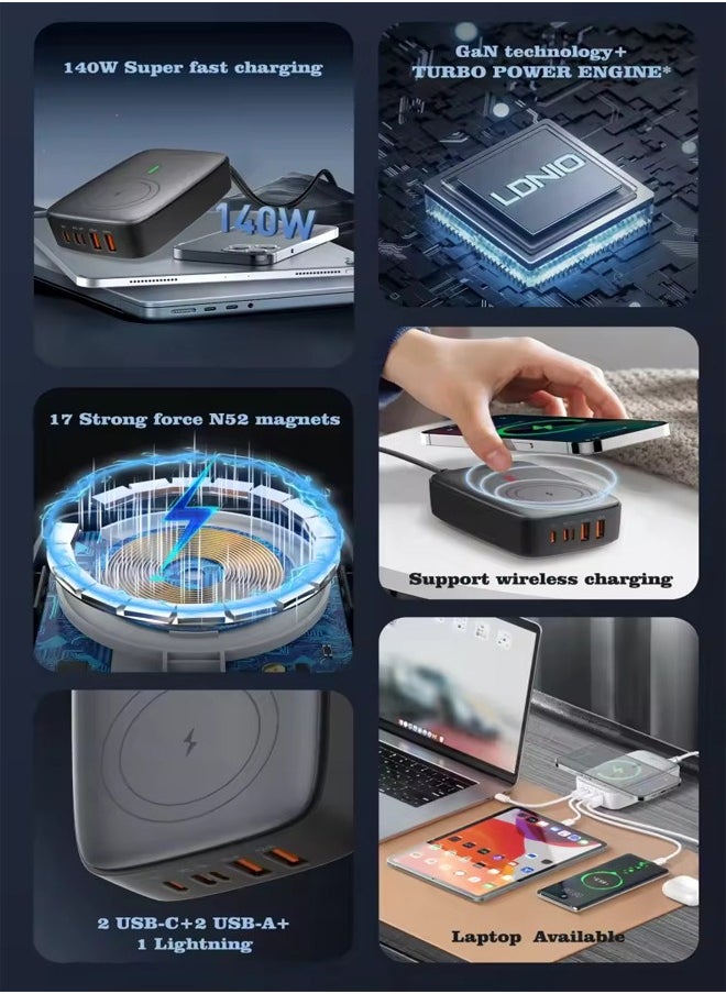 LDNIO 140W Wireless Charging With 2 USB-C 2 USB-A Multiport Desktop Wireless Charging Adapter Black  - Image 3
