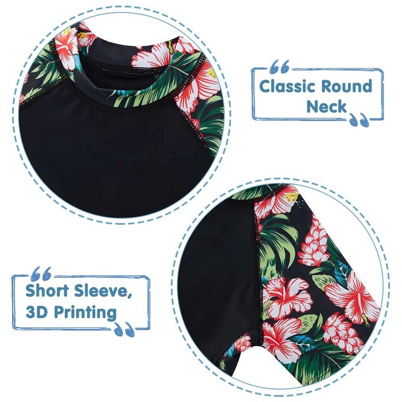 ADUKIDE Young Girls Beach Swimsuit Size 9 10 Short Sleeve 2 Piece Rash Guard Sunsuits Hawaii Floral Bathing Suit for Daughter Granddaughter Black Flower - Image 5