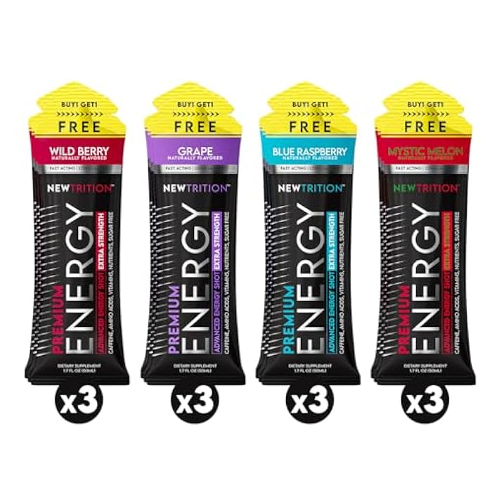 NewTrition® Extra Strength Energy Shots, Sugar-Free 1.7 fl oz (Pack of 12, 4 Flavors) | 250mg Caffeine Energy Drinks with Vitamin B & Amino Acids, Zero Calories Vitamin Energy Shots (Mixed 1) - Image 1
