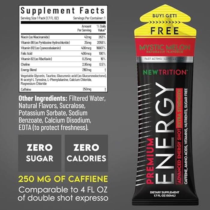 NewTrition® Extra Strength Energy Shots, Sugar-Free 1.7 fl oz (Pack of 12, 4 Flavors) | 250mg Caffeine Energy Drinks with Vitamin B & Amino Acids, Zero Calories Vitamin Energy Shots (Mixed 1) - Image 2