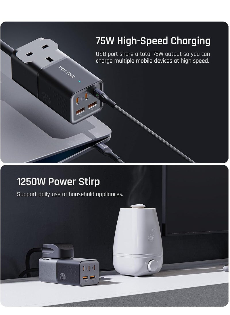 VOLTME - 6-in-1 Power Strip, 75W GaNFast Multi-Port Power Extension with 3250W AC Socket, 3 USB-C Power Delivery Ports, Dual QC 3.0 Ports & 1.2M Cable for iPhone 16 Pro/Max/Plus, Galaxy S24/S23/S22, MacBook Pro/Air, Dell XPS, iPad Pro, Steam Deck, Travel & More (1.8M Extension Cable) - Image 1