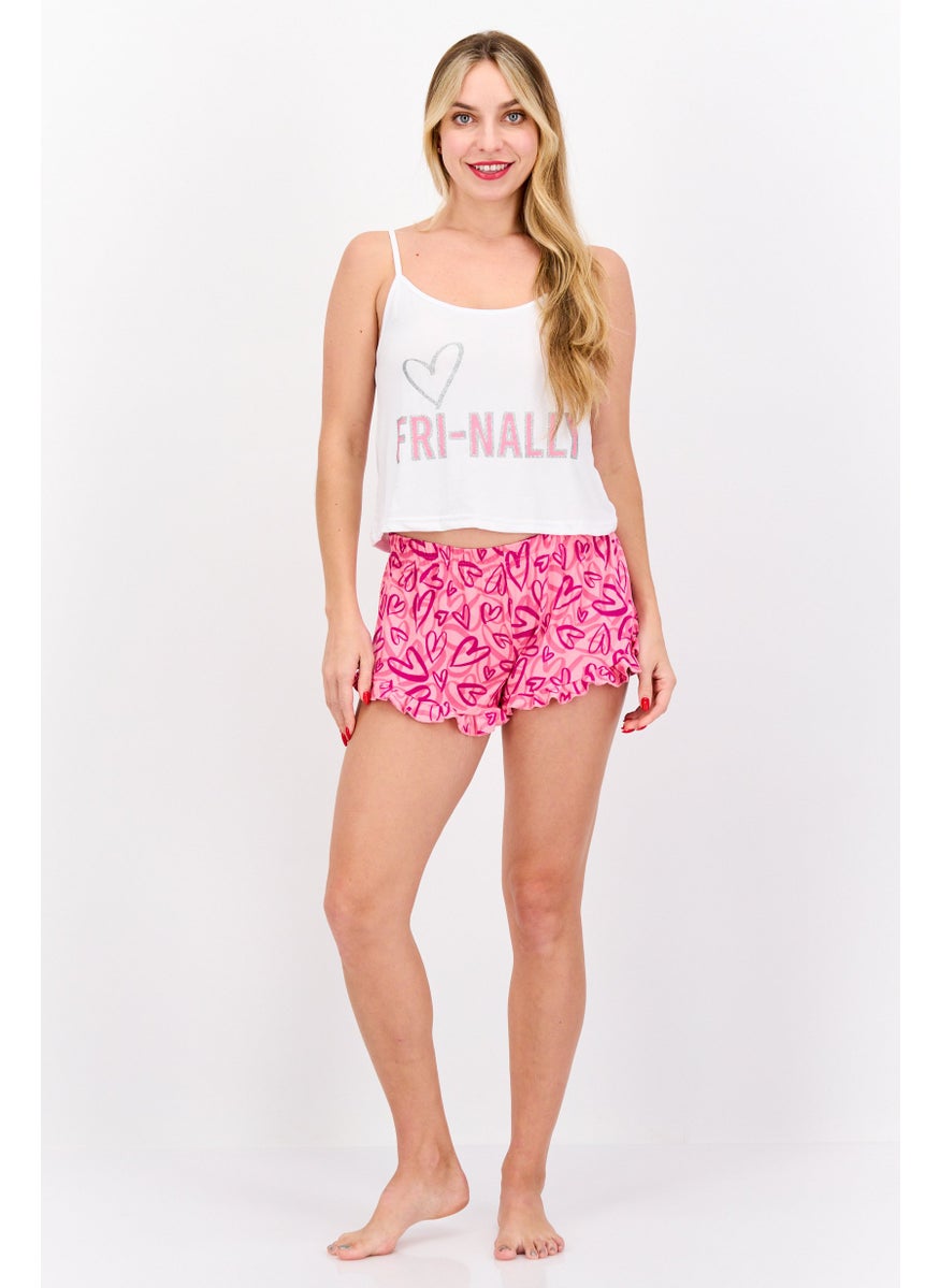 French Affair - Women 2 Pieces Printed Pajama Set, White - Image 1