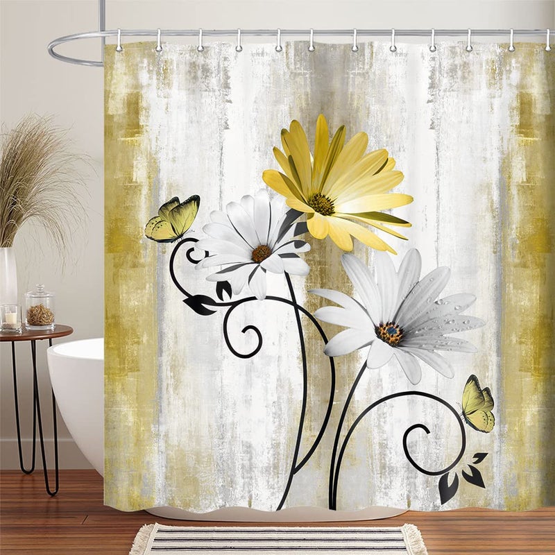 VeiVian Rustic Farmhouse Shower Curtain, Farm Yellow Daisy Floral Flowers and Butterfly on Country Wooden Shower Curtain for Bathroom, Yellow Bathroom Shower Curtains with 12PCS Hooks, 70X70IN - Image 3