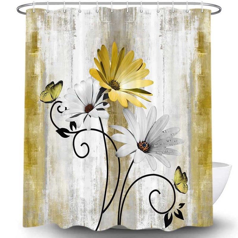 VeiVian Rustic Farmhouse Shower Curtain, Farm Yellow Daisy Floral Flowers and Butterfly on Country Wooden Shower Curtain for Bathroom, Yellow Bathroom Shower Curtains with 12PCS Hooks, 70X70IN - Image 4