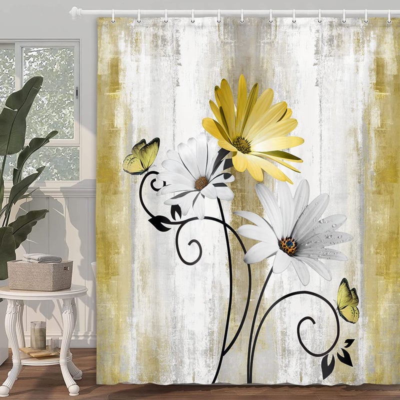 VeiVian Rustic Farmhouse Shower Curtain, Farm Yellow Daisy Floral Flowers and Butterfly on Country Wooden Shower Curtain for Bathroom, Yellow Bathroom Shower Curtains with 12PCS Hooks, 70X70IN - Image 2