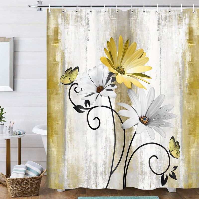 VeiVian Rustic Farmhouse Shower Curtain, Farm Yellow Daisy Floral Flowers and Butterfly on Country Wooden Shower Curtain for Bathroom, Yellow Bathroom Shower Curtains with 12PCS Hooks, 70X70IN - Image 1