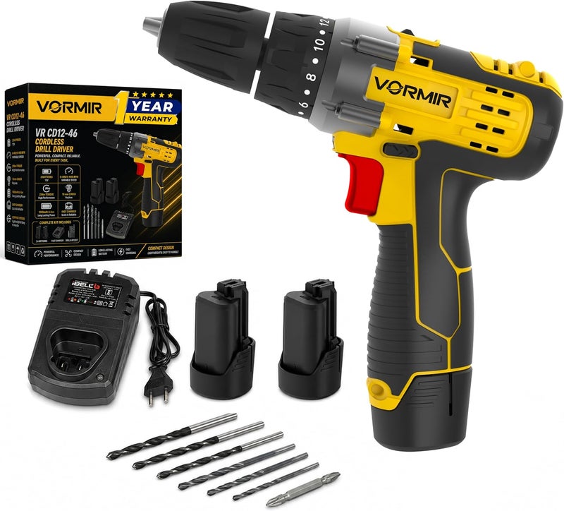IBELL TOOLS iBELL VORMIR VR CD12-46 Cordless Drill Driver, 2 batteries.12V, 0-400/0-1450 rpm, 25Nm Torque, 10 mm Chuck,1500mAh Li-Ion, Fast Charger, Compact Design - Image 1