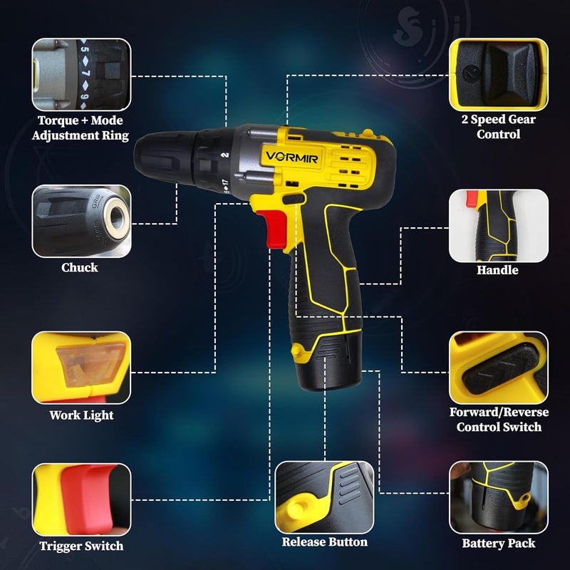 IBELL TOOLS iBELL VORMIR VR CD12-46 Cordless Drill Driver, 2 batteries.12V, 0-400/0-1450 rpm, 25Nm Torque, 10 mm Chuck,1500mAh Li-Ion, Fast Charger, Compact Design - Image 5