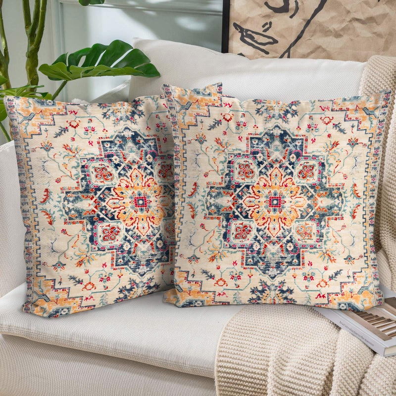 BUAEL Boho Throw Pillow Covers 18x18 inch Set of 2,Bohemian Vintage Carpet Pattern Antique Ethnic Decor Double Sided Pattern Cushion Cover Soft Pillow Case Living Sofa Room Bed Square Pillow Cover - Image 1