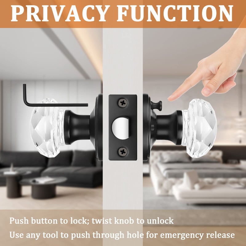 Orger 3 Pack Glass Door Knobs With Flat Black Rosette Bath/Bed Door Knobs For Privacy Use Keyless Interior Door Handles With Diamond Shape Crystal Glass And Zinc Alloy Base - Image 3