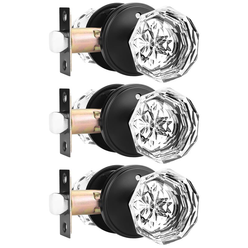 Orger 3 Pack Glass Door Knobs With Flat Black Rosette Bath/Bed Door Knobs For Privacy Use Keyless Interior Door Handles With Diamond Shape Crystal Glass And Zinc Alloy Base - Image 1