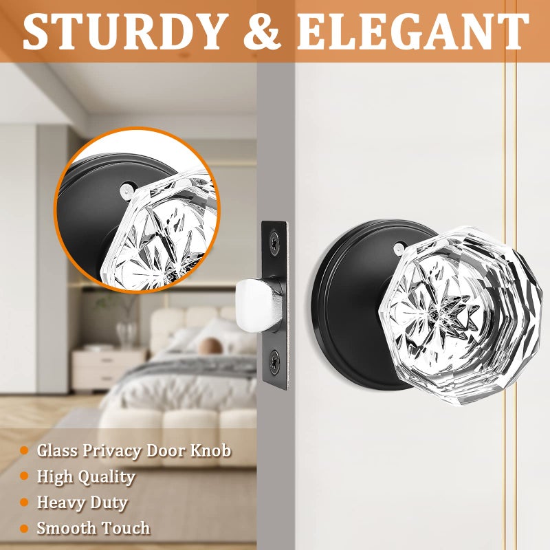 Orger 3 Pack Glass Door Knobs With Flat Black Rosette Bath/Bed Door Knobs For Privacy Use Keyless Interior Door Handles With Diamond Shape Crystal Glass And Zinc Alloy Base - Image 4